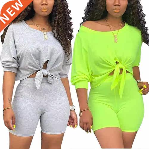 2 Pieces Suit Tracksuit Clothes Set Female Solid Color Short