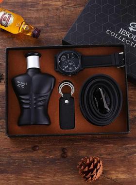 Gift set men large dial quartz watch waist belt perfume 4pcs