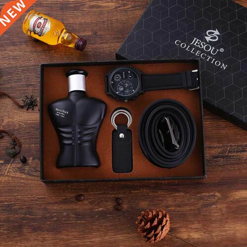Gift set men large dial quartz watch waist belt perfume 4pcs