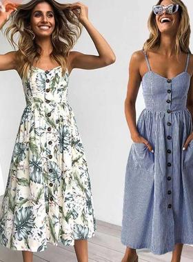 Vintage Casual Sundress Female Beach Dress Midi Button Bal