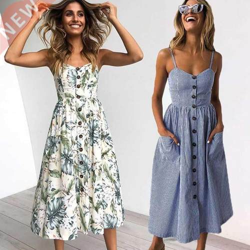Vintage Casual Sundress Female Beach Dress Midi Button Bal