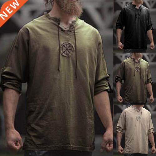 Men Plus Size Shirt Top Ancient Viking Embroidery Lace Up V
