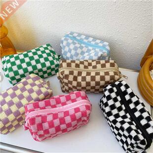Korean Ins Checkerboard Knitted Cosmetic Cases For Women Lad