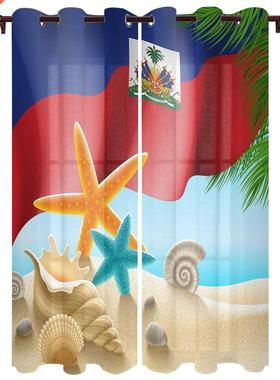 Haiti Flag Day Beach Starfish And Shells Window Curtains