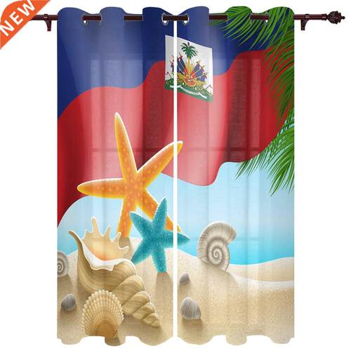Haiti Flag Day Beach Starfish And Shells Window Curtains