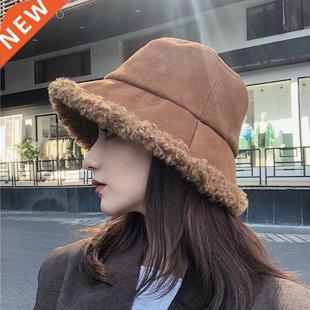 Lamb Wool Winter Women Bucket Hat Solid Color Thick Warm Plu