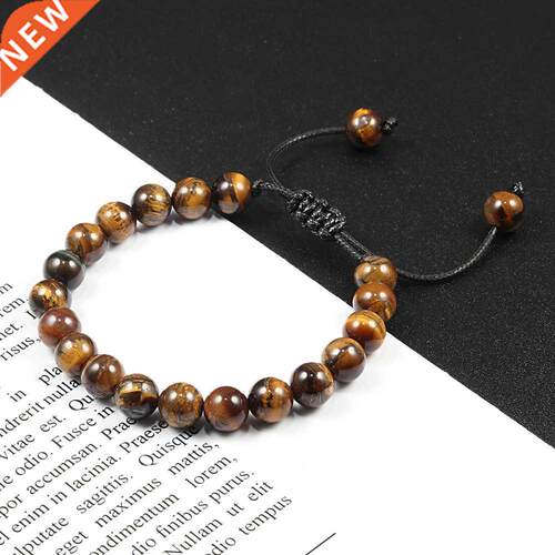 8mm Tiger Eye Stone Beads Bracelet Adjustable Braided Rope B