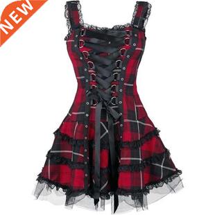 Dress Women Classic Frill Lace Dresses Sleeveless Plaid Vint