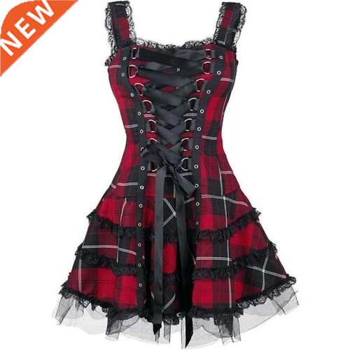 Dress Women Classic Frill Lace Dresses Sleeveless Plaid Vint