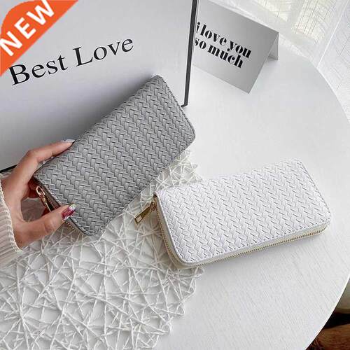 2022 Women Weave Wallet Leather Wrist Handle Phone Case Long