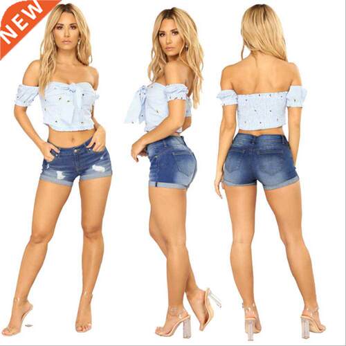 Hole Ripped Shorts Summer Mid Waist Denim Shorts Women Casua