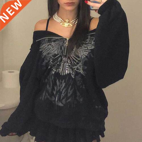 Y2K Gothic Butterfly Print Oversize Zip Up Hoodies 2021 Wint