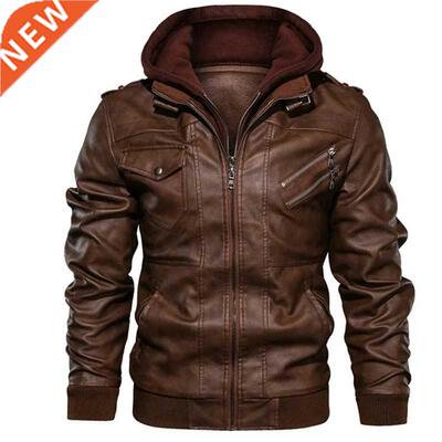 Hood Mens Leather Jacket Motorcycle Winter Autumn Fleece War