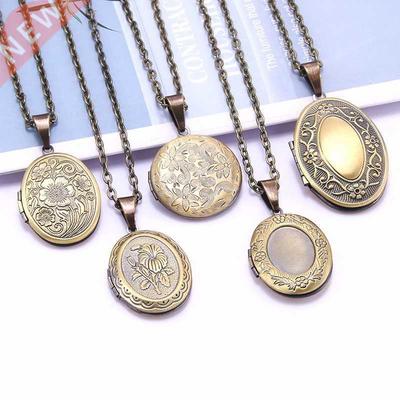 Unique Carved Design Copper Oval Photo Frame Pendant Necklac