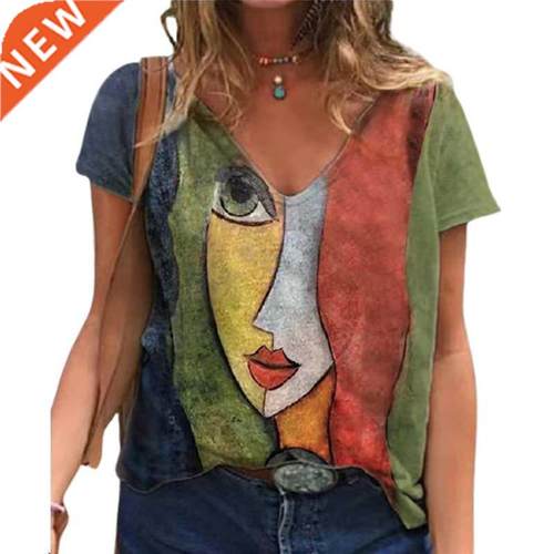 V Neck Tshirt Women's Summer Casual Oversize Print Shirt Top