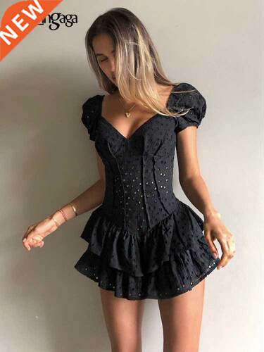 Darlingaga Fashion V Neck Ruffles Pleated Dress Women Puff S