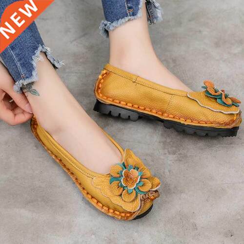 Handmade cow leather flat soft flower female shoes
