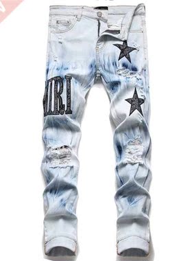 European Jean Hombre Letter Star Jean Men Embroidery Patchwo