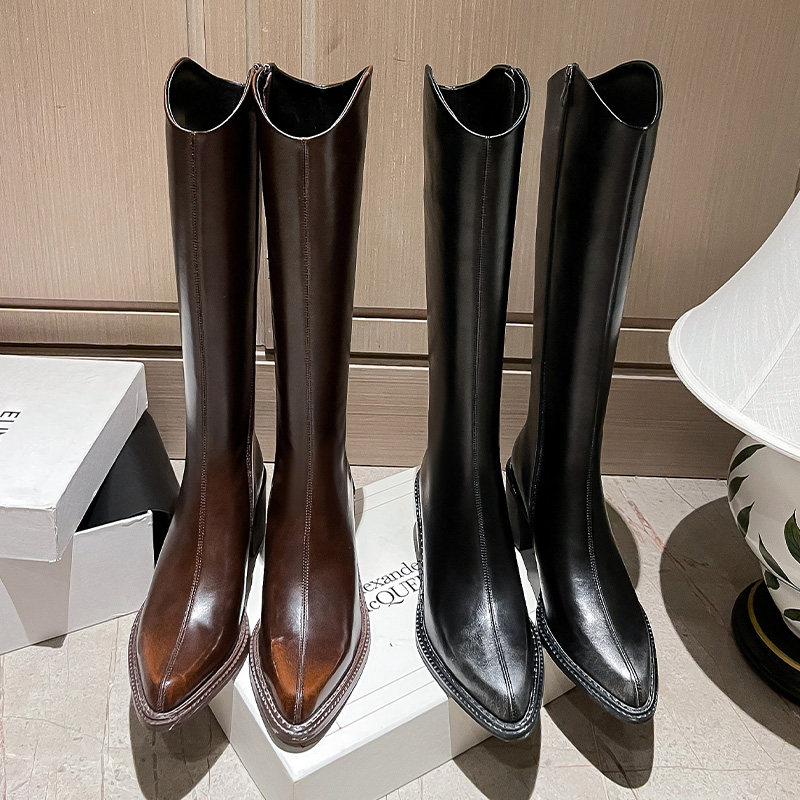 레트로 올드 하이 부츠 브라운 부츠  가죽 V-MOUTH 지적 발가락 여성용 두꺼운 하이힐 부츠 작고 얇은 부츠