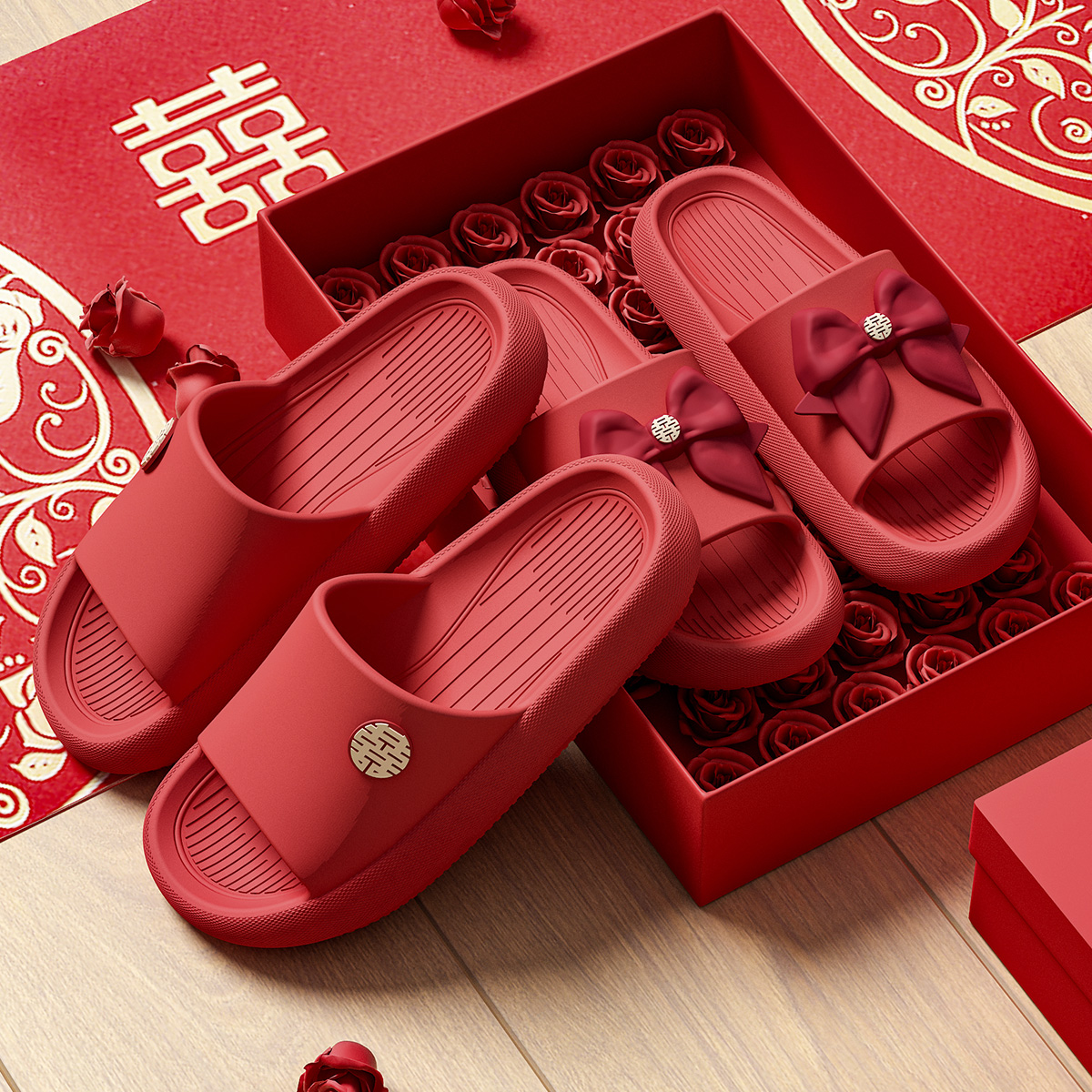 夏季拖鞋结婚喜庆红色一对情侣婚庆婚礼陪嫁室内防滑轻便浴室凉拖