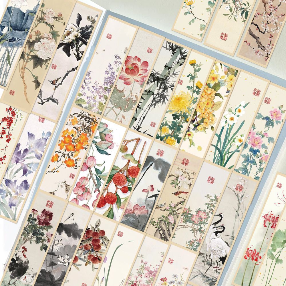 60张国画风书签ins文艺高级感古风水墨风植物花卉精美纸质小卡片
