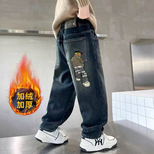 男童加绒牛仔裤秋冬款2025年新款中大童秋装男孩一体绒加厚长裤潮