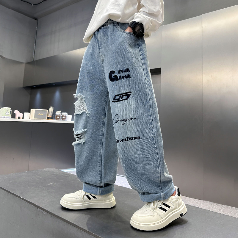 儿童裤子男童春季破洞牛仔裤新款洋气男孩中大童春秋薄款休闲长裤