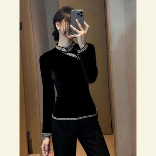 新中式黑色丝绒上衣女秋冬季高级感轻奢减龄洋气别致漂亮国风衬衫