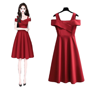 高级感经典一字肩吊带红色连衣裙女2026春夏新款小个子气质礼服裙