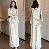 上衣阔腿裤 时尚 两件套潮 新款 时髦洋气国风印花无袖 套装 女2026夏季