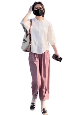 成套搭配减龄套装韩版百搭简约五分袖休闲衬衫女粉色阔腿裤两件套