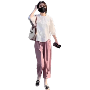 成套搭配减龄套装韩版百搭简约五分袖休闲衬衫女粉色阔腿裤两件套