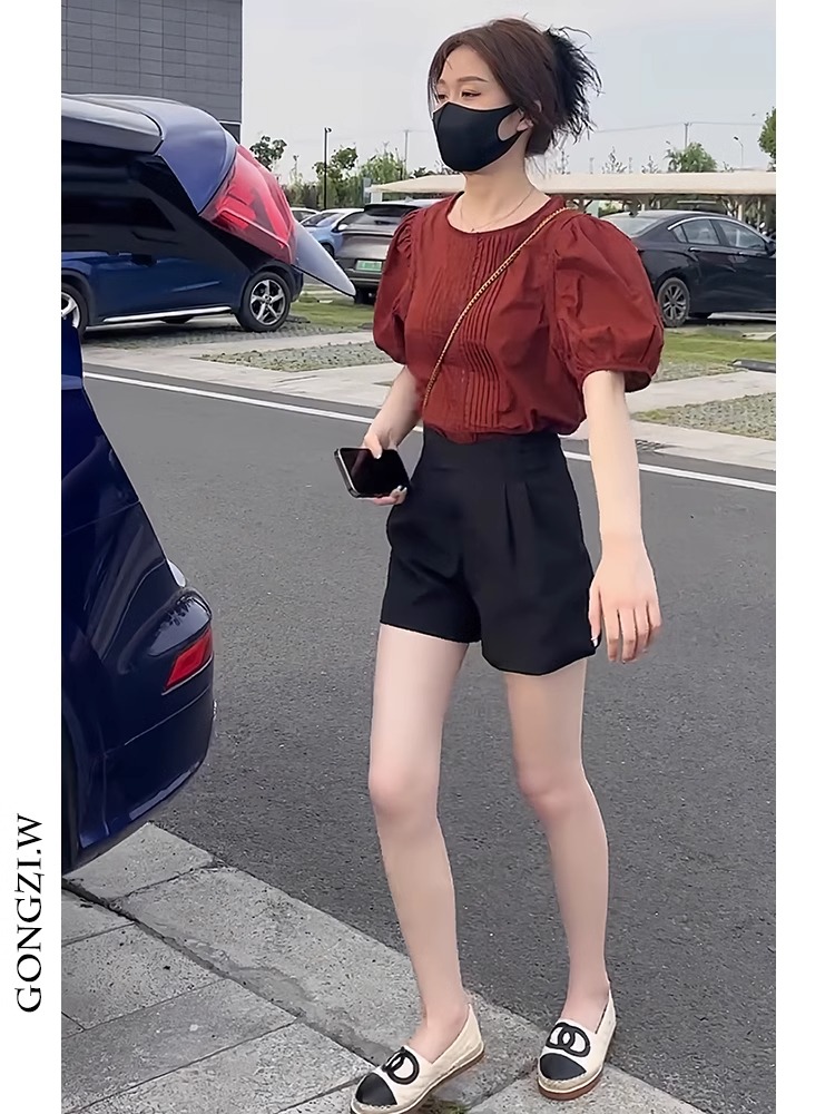 圆领衬衫高腰显瘦阔腿休闲短裤