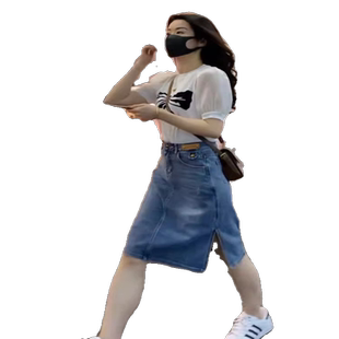 高腰开叉牛仔裙半身裙女春夏薄款小个子遮胯半裙包臀a字裙两件套
