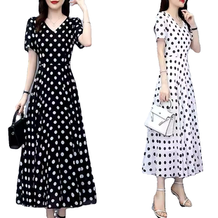 大码女装夏天胖mm减龄雪纺圆点连衣裙夏季黑色长裙波点裙子洋气女