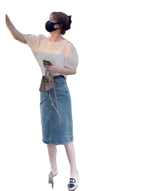 泡泡袖皱褶洋气小衫开叉牛仔裙