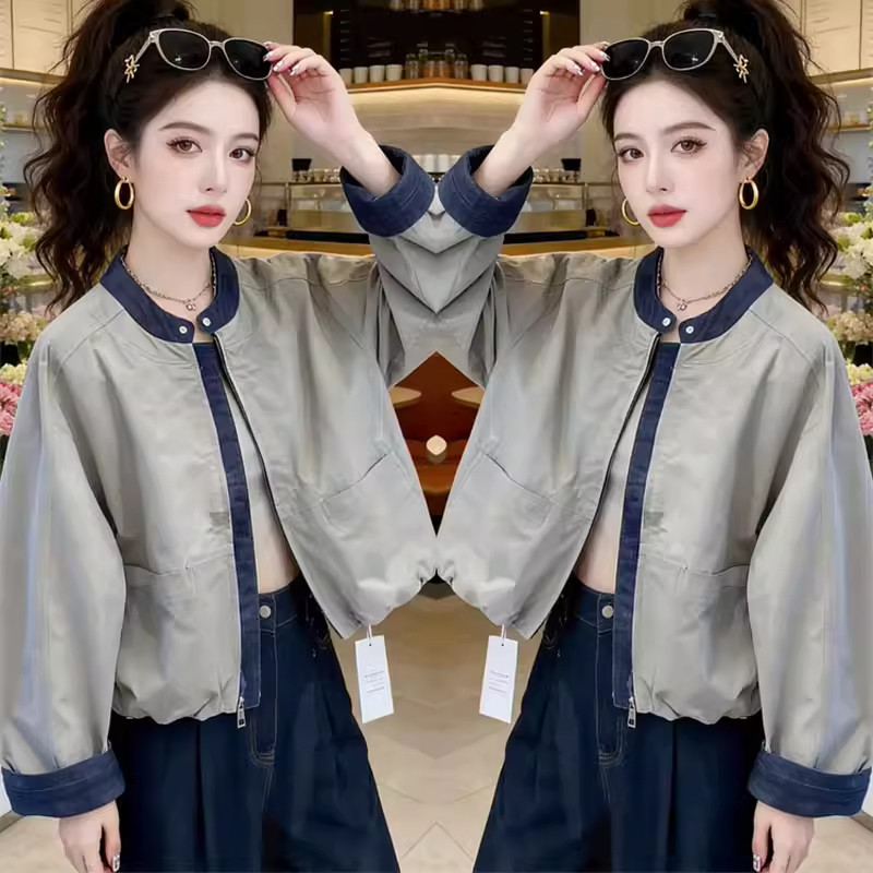 2026春网红新款牛仔拼接外套女韩版设计感宽松立领夹克棒球服上衣