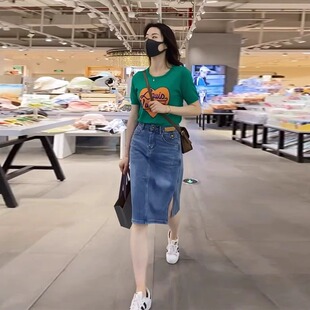 女小个子温柔绿色短上衣 冰丝针织衫 夏季 冷淡系高级感正肩T恤薄款