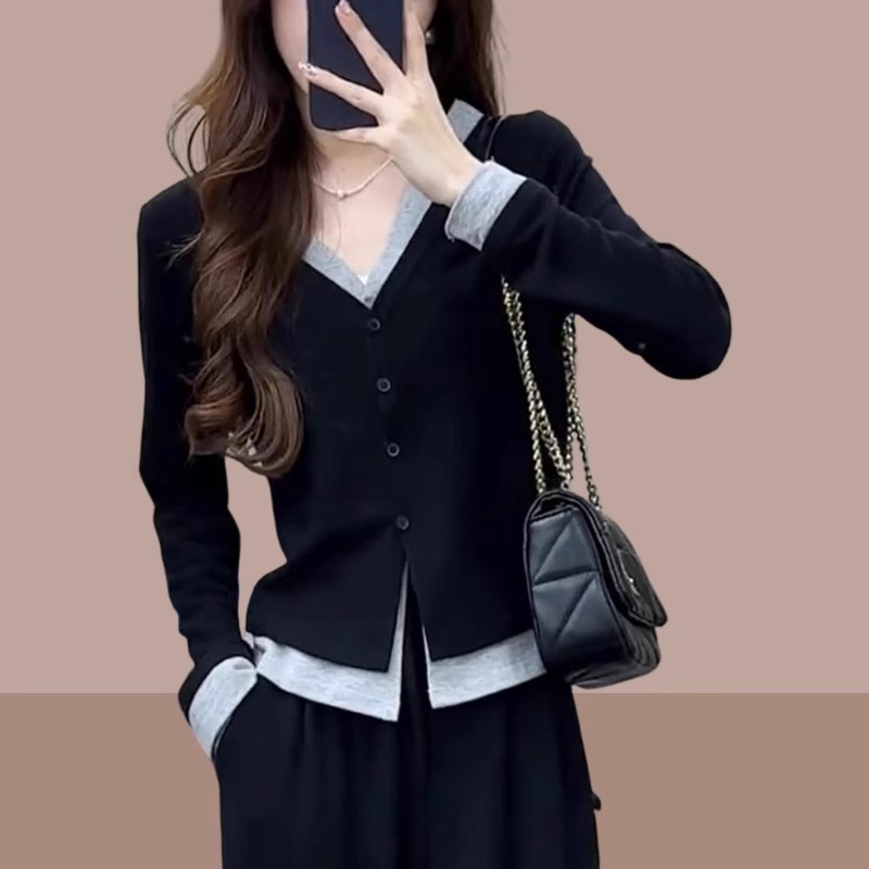 欧货假两件针织开衫女春秋大码高级感黑色v领打底衫内搭短款上衣