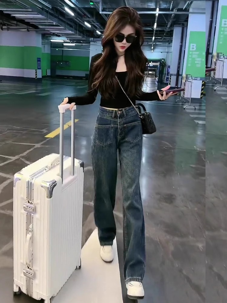 时尚套装女长袖高腰显瘦直筒阔腿