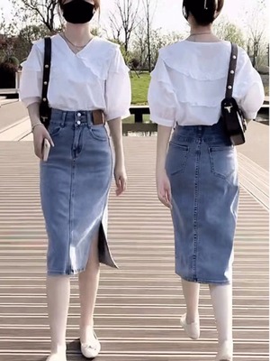 侧边开叉贴标牛仔半身裙女春夏2025新款小个子高腰显瘦遮跨a字裙