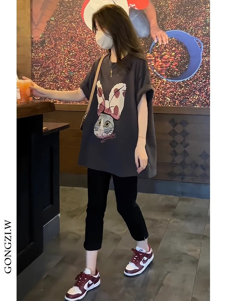 学院风套装女夏时尚卡通印花T恤宽松上衣显瘦开叉弹力七分休闲裤,女装/女士精品,时尚套装,淘宝优惠券,粉丝福利购,淘宝优惠卷