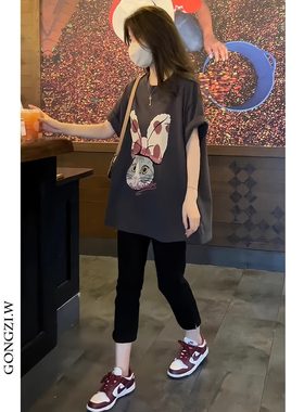 宽松上衣显瘦开叉弹力七分休闲裤