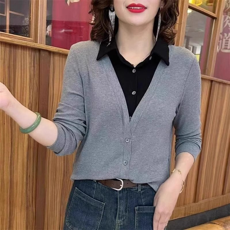 螺纹德绒妈妈装polo领假两件t恤女打底衫时尚长袖气质大码女卫衣,女装/女士精品,大码内搭,淘宝优惠券,粉丝福利购,淘宝优惠卷