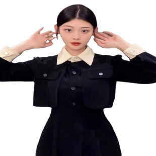 早春秋2026新款黑色连衣裙子女长裙法式秋冬小香风赫本假两件套装