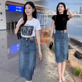 t恤时尚 复古牛仔裙女士高腰开叉A字裙2026春夏新款 短袖 穿搭两件套