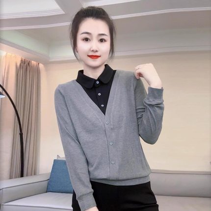 2025春秋新款拼接POLO领假两件衬衫时尚洋气百搭翻领上衣打底衫女