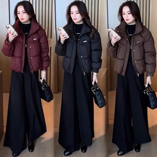 时尚套装女冬季新款保暖宽松棉服黑色加绒裤子两件套潮