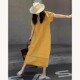 一线品牌尾货清仓独特别致漂亮度假风黄色亚麻连衣裙女夏季 长裙潮