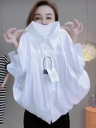 白色长袖衬衫百褶设计感百搭上衣